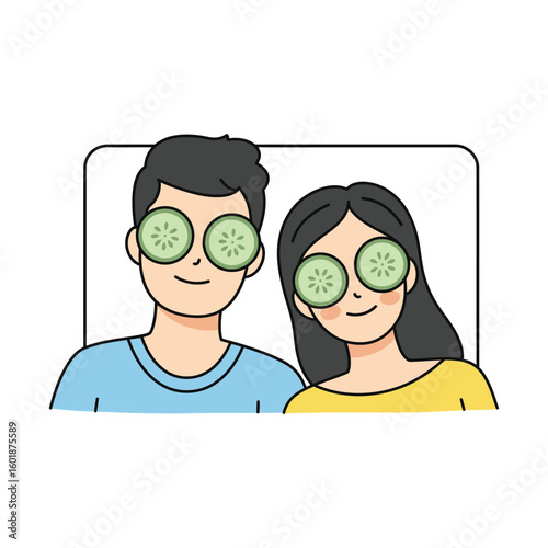 A happy young couple relaxing together with cucumber slices on their eyes. A cute vector illustration about skincare and self-care at home.