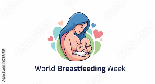 Mother lovingly breastfeeding baby with hearts symbolizing nurture and care
