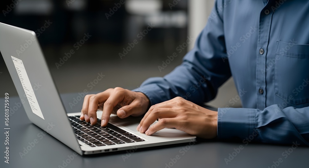 Man using laptop for work business professional typing on keyboard computer screen Man using laptop for work business professional typing on keyboard computer screen