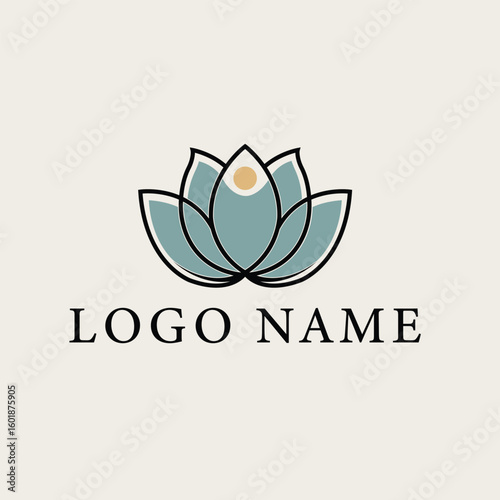 Elegant Blue Lotus Flower Logo with Golden Center Serene and Holistic Brand Mark