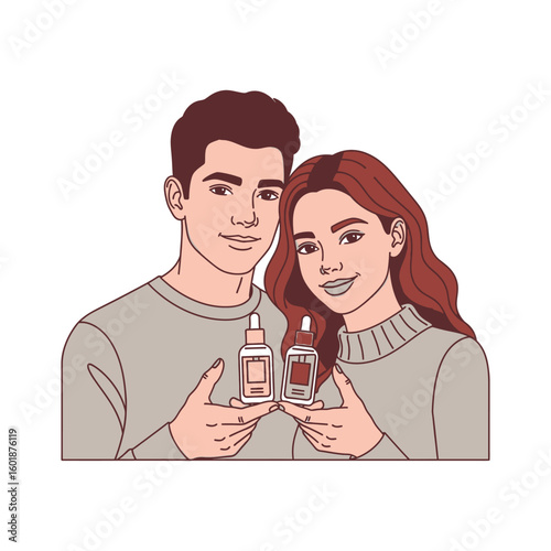 Young couple shares their beauty secret, holding dropper bottles with cosmetic oil or serum. Vector art for wellness and skincare concepts.