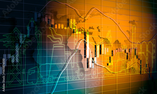 Concept of industrial plant and manufacture building. Energy generation and heavy industry. Thin lines style. Financial market chart.