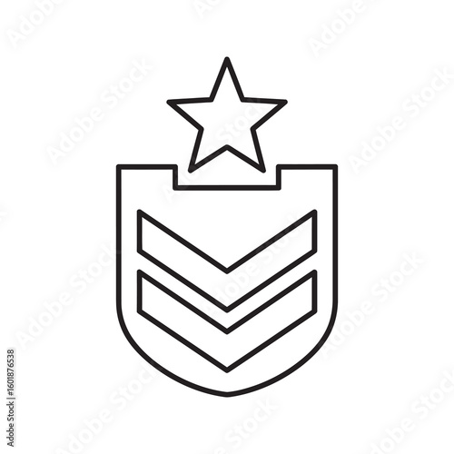 Army rank icon of sergeant first class with chevron insignia on shield for military soldier honor and armed force service promotion emblem