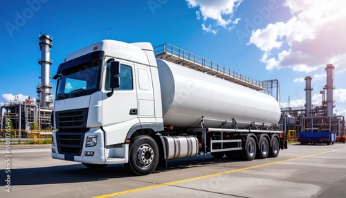 White Tanker Truck Delivering Fuel to Industrial Power Plant Under Bright Blue Sky