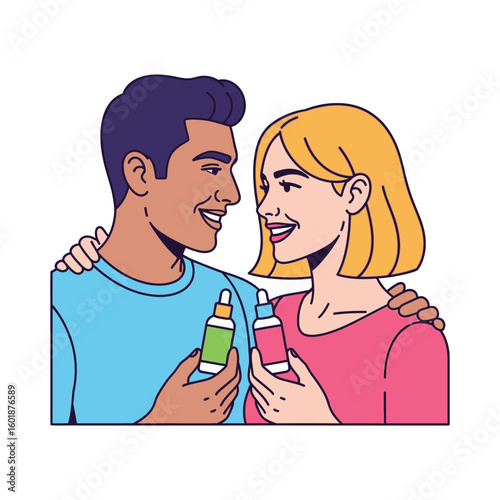 Illustration of a loving multicultural couple enjoying their skincare routine together, holding cosmetic serum dropper bottles with smiles.