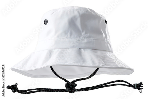 White bucket hat with black drawstrings
