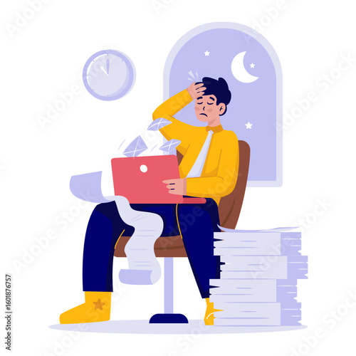 Stressed male character working overtime vector illustration