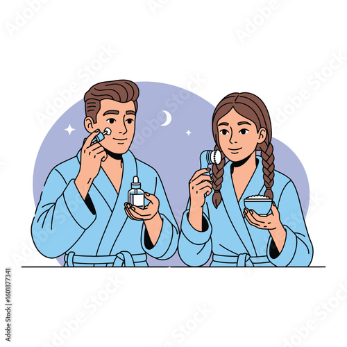 A young couple in bathrobes enjoying a shared evening skincare routine together, applying serum and cream with facial tools for self-care.