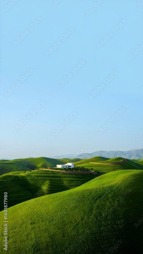 Obraz premium Modern white house nestled amongst rolling green hills under a clear blue sky
