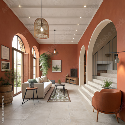 Warm Minimalist Townhouse layered lighting, terracotta and muted gowns, minimalist furniture with bold color focal walls.