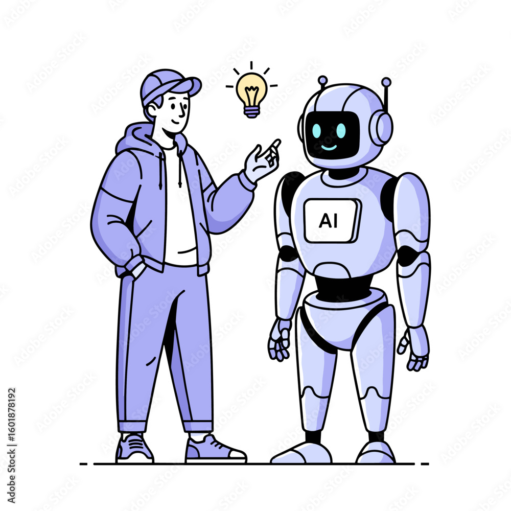 Fototapeta premium A young innovator gets a bright idea, symbolized by a lightbulb, while collaborating with a friendly AI robot assistant for future projects