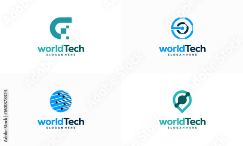 Set of Modern World Tech logo designs concept vector illustration, Abstract Circle Technology logo template, Wire Tech logo designs vector