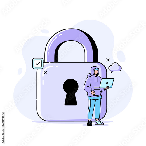 Cybersecurity concept with a hooded character holding a laptop next to a large secure padlock, symbolizing data privacy and digital protection.