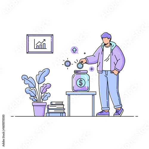 A modern flat line illustration of a young man placing coins into a large savings jar, symbolizing personal finance management and investment for future growth.