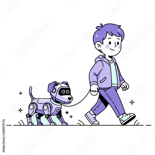 A futuristic illustration of a young boy walking his robotic dog, a high-tech pet and loyal companion for a new generation of friendship.