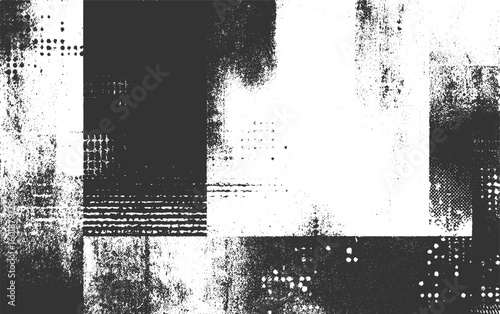 Abstract monochrome texture with distressed geometric patterns and scattered dots vector
