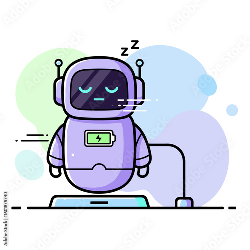 An adorable purple AI robot character sleeping soundly while its battery recharges on a wireless charging station. A vector icon for technology.