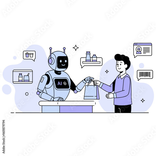 A friendly AI-powered robot cashier completes a sale, handing a shopping bag to a happy customer in a modern automated retail shop.