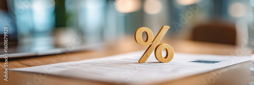 Wooden percentage symbol stands on document suggesting financial analysis and bond yield evaluation