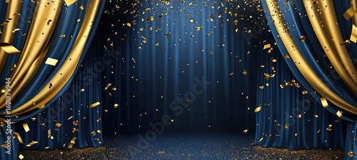 Dark navy blue curtains with gold accents, confetti falling