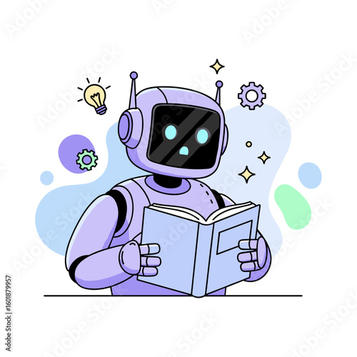 Robotic learning A futuristic AI robot engrossed in reading a book, symbolizing knowledge acquisition and technological advancement in education and innovation.