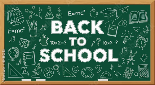 A chalkboard with back to school message and school related drawings around it