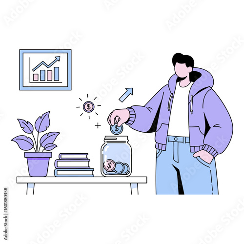 Flat vector illustration showing a person putting coins in a jar, representing personal finance management, saving for the future, and investment growth