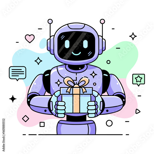 Futuristic purple robot character holding a gift box. AI chatbot assistant mascot giving a surprise present for a celebration or promotion.
