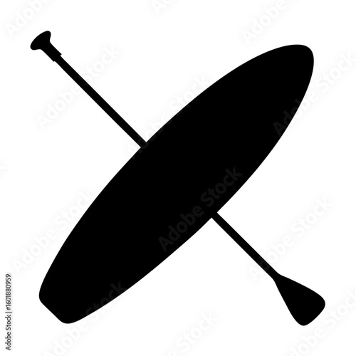 Black and white silhouette of a paddleboard and paddle isolated