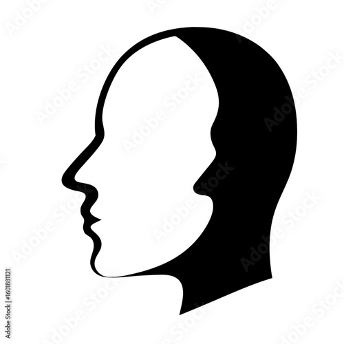 Optical illusion representing two facing human profiles, one white one black