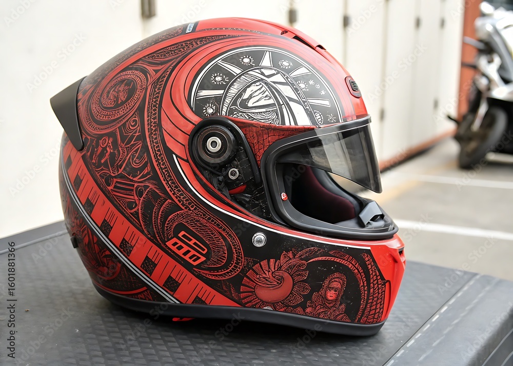 Fototapeta premium Stylish red motorcycle helmet with intricate black tribal patterns and glossy visor reflecting 