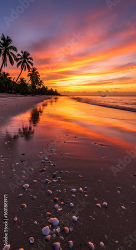 Tropical Beach Sunset with Colorful Sky and Seashells on the Sand