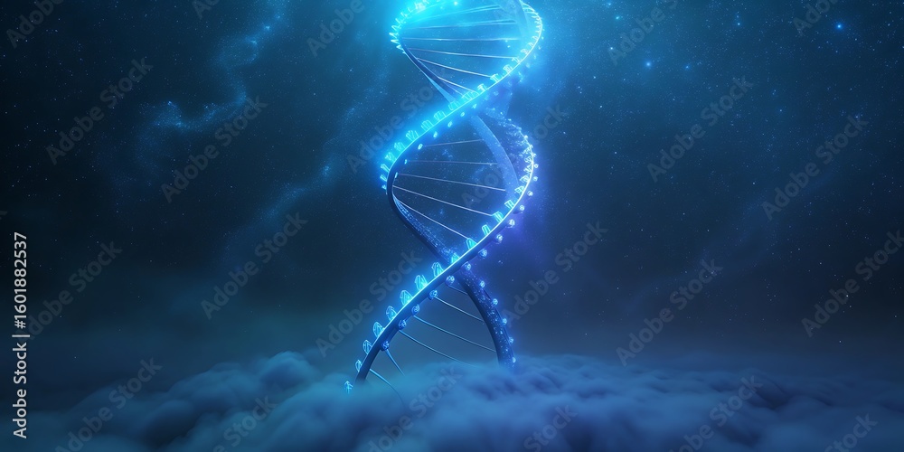 Obraz premium A vibrant blue dna helix emerges from ethereal clouds symbolizing scientific breakthrough.