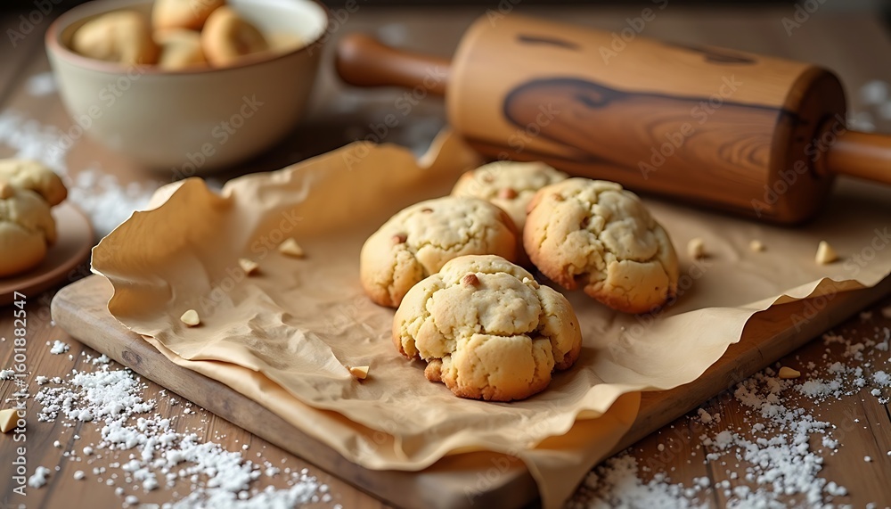Fototapeta premium Golden Cookies on Rustic Wooden Board with Rolling Pin.