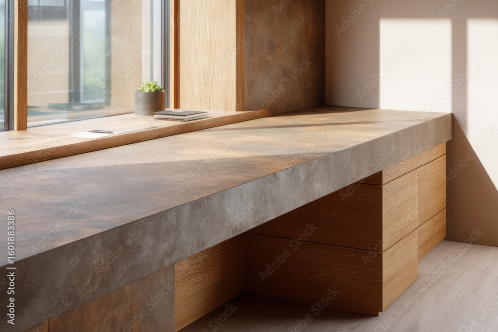 Fototapeta premium Custom desk in neutral-toned studio, warm sunlight streaming from left, sharp surface textures and accurate depth between background and
