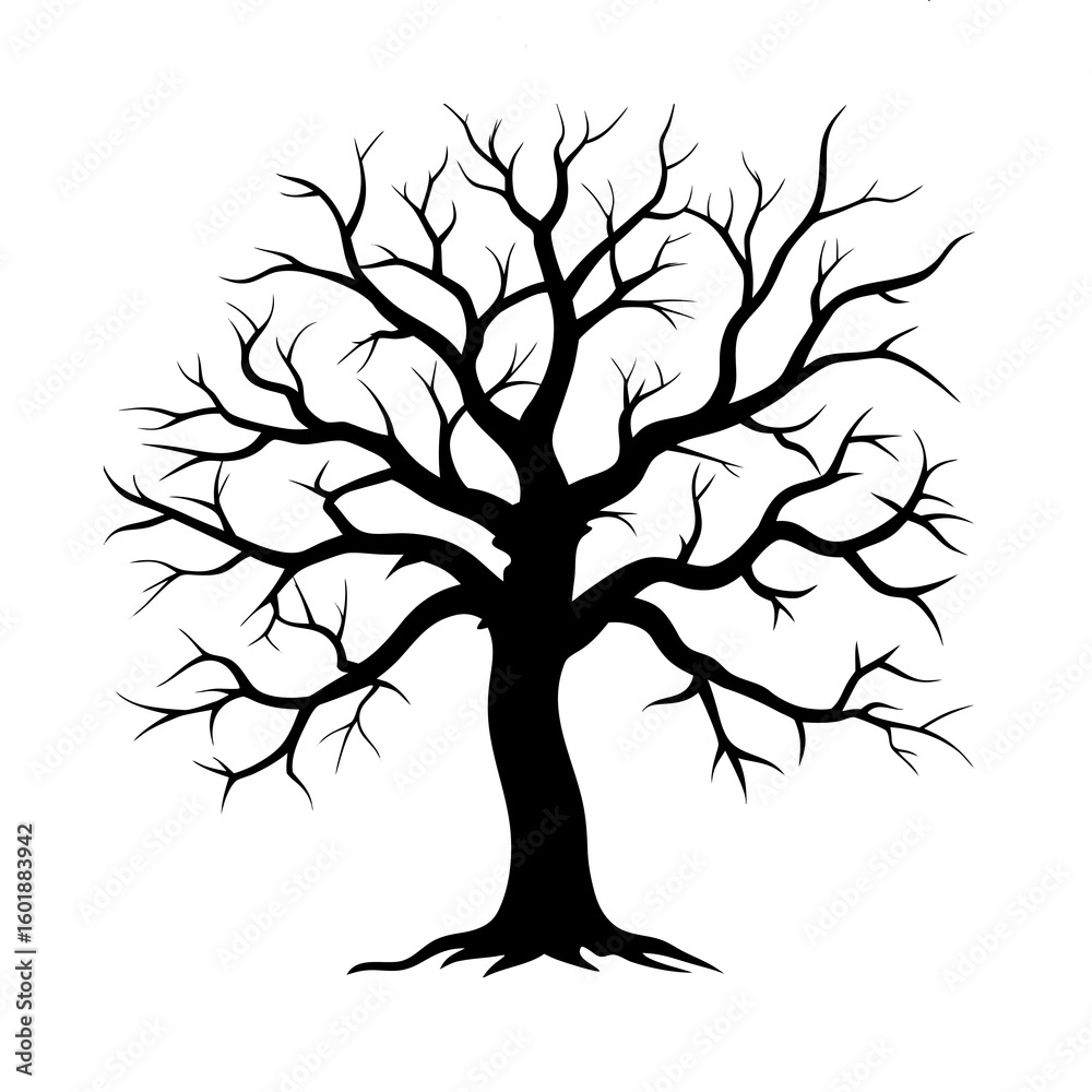 Fototapeta premium a striking silhouette of a leafless tree with a thick, weathered trunk and gnarled, twisted branches extending outward.