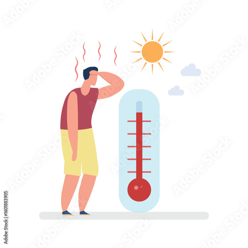 The weather is very hot, with an illustration of a man and a thermometer. The sun is very hot, and the man is wearing only an undershirt and shorts.