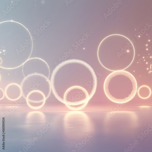 Surreal dreamy landscape with glowing halo rings floating over soft clouds, holiday, luminous, christmas, ai