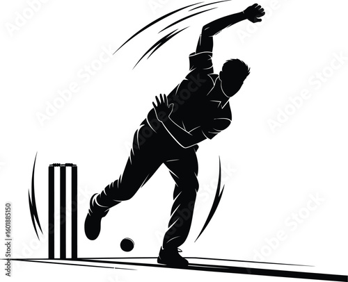 Cricket bowler in action with wickets and ball sport