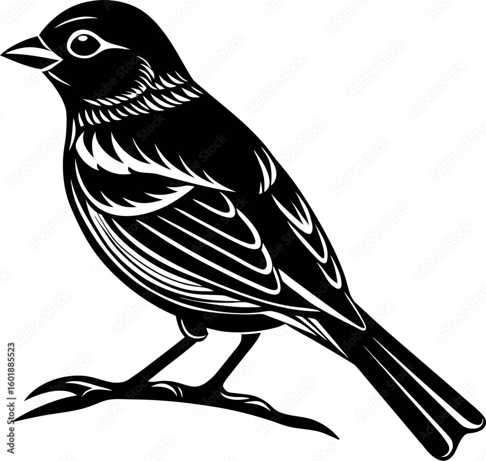 Fototapeta premium A 2D flat black silhouette of a small songbird (like a finch or warbler) perched delicately on a thin branch.