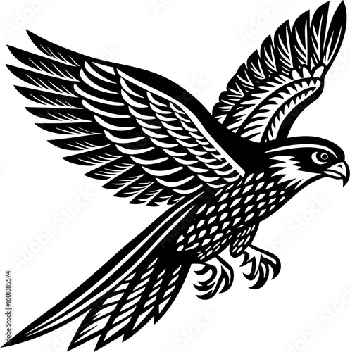 A 2D silhouette of a falcon in a fast diving posture with its wings tucked tightly along its body and beak pointed downward.