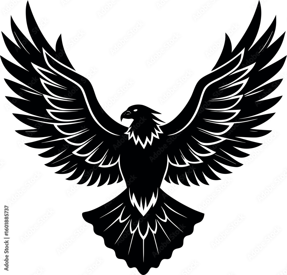 Obraz premium A 2D flat black silhouette of a bald eagle soaring in the sky with both wings fully extended horizontally.