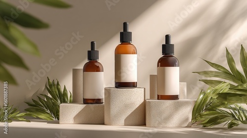Amber glass dropper bottles essential oils skincare beauty product for packaging mock up