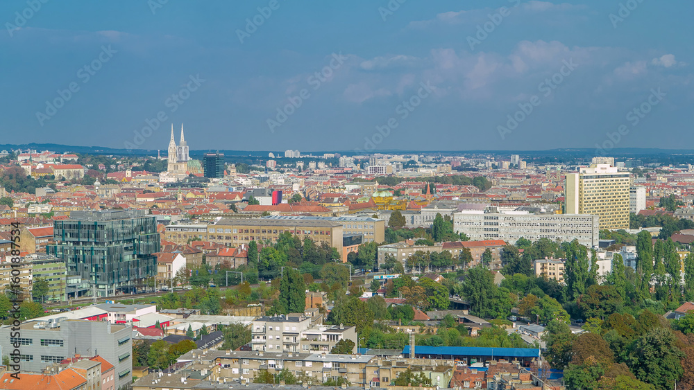 Fototapeta premium Panorama of the city center timelapse of Zagreb, Croatia, with modern and historic buildings, museums in the distance.