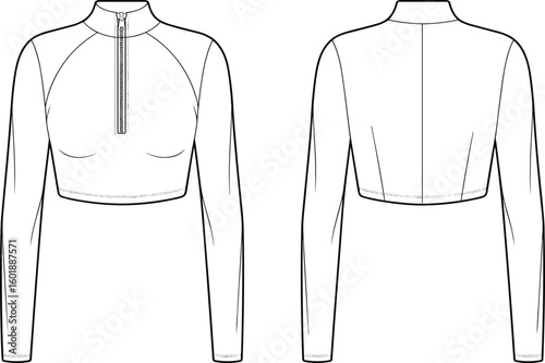 Cad drawing flat vector illustration of cropped athletic top, long sleeve workout shirt, zippered collar, fitted sportswear, activewear design