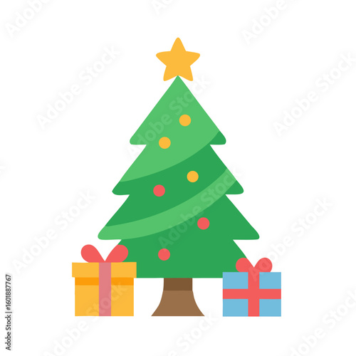Flat Christmas tree with star and gift boxes