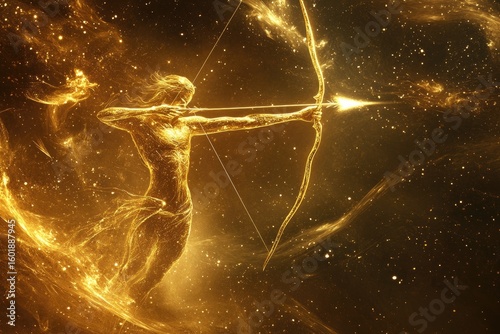 A celestial figure, formed of golden light, draws a bow and arrow, aiming into a star-filled cosmos