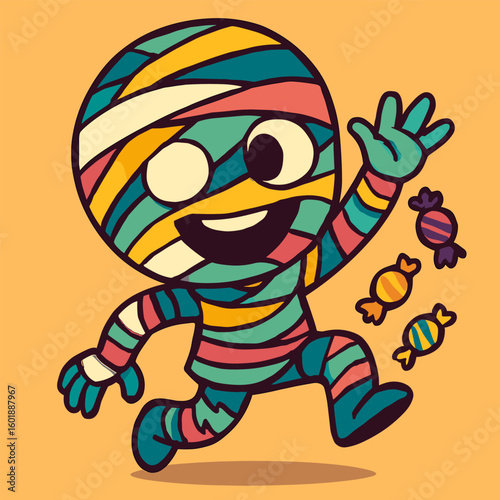 A playful mummy child with a big head dances joyfully, wrapped in colorful bandages. Candies fall from his hand as he grins wide, set against a plain background in a funky vector cartoon style.