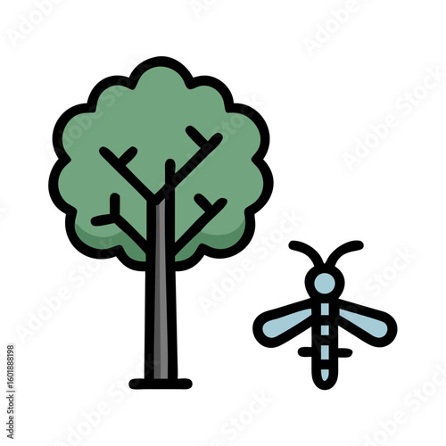 Minimalist nature scene with tree and stylized mosquito