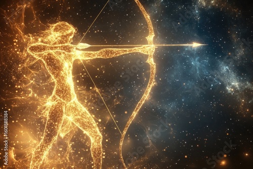 A celestial archer, formed of glowing particles, draws a bow against a backdrop of a cosmic, starry void